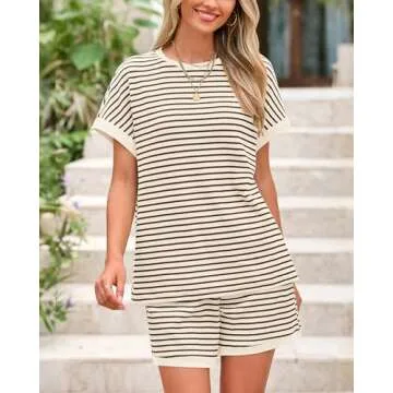 BTFBM Womens Striped Knit Sets 2 Piece Outfits 2025 Summer Short Sleeve Tops Elastic Waist Shorts Lounge Sets Pockets(Beige Brown, Small)