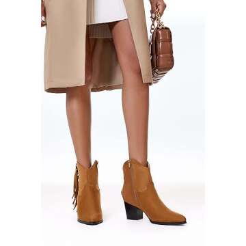 Coutgo Women's Pointed Toe Ankle Boots Chunky Block Heel Side Tassel Western Winter Booties With Zipper