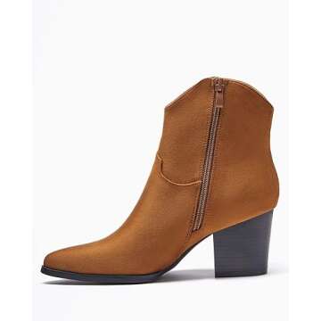 Coutgo Women's Pointed Toe Ankle Boots Chunky Block Heel Side Tassel Western Winter Booties With Zipper