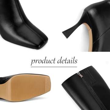 Dsevht Black Leather Knee High Boots for Women Stiletto Kitten Heeled Sexy Long Tall Boots Square To...