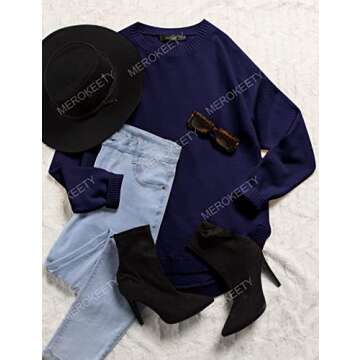 MEROKEETY Women's Navy Long Sleeve Oversized Sweater
