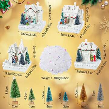 Tuanse 15 Pcs Christmas Village Accessories Set 4 LED Lighted House and Trees for Elegant Indoor Hol...