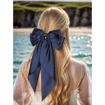 Elegant Navy Satin Hair Bows for Women and Girls - Stylish Accessories