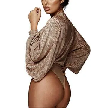 Weigou Women Jumpsuits Long Sleeve V Neck Pleated Loose Bodysuits Tops For Women Leotard Shirts (Kahki, L)