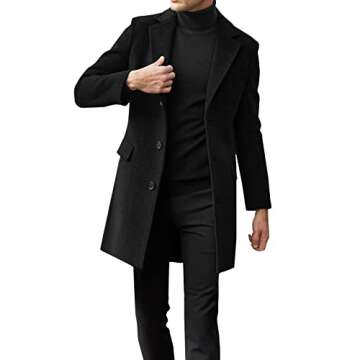 Mens Single Breasted Trench Coat Winter Wool Blend Pea Coat Oversized Warm Lapel Work Business Jacket Outerwear(Black,Large)