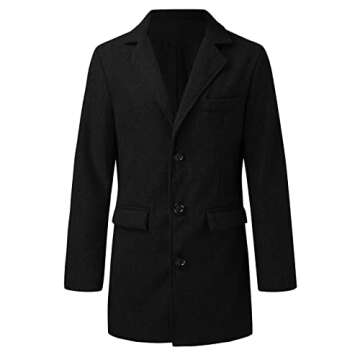 Mens Single Breasted Trench Coat Winter Wool Blend Pea Coat Oversized Warm Lapel Work Business Jacket Outerwear(Black,Large)