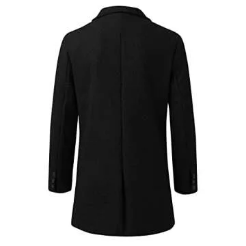 Mens Single Breasted Trench Coat Winter Wool Blend Pea Coat Oversized Warm Lapel Work Business Jacket Outerwear(Black,Large)