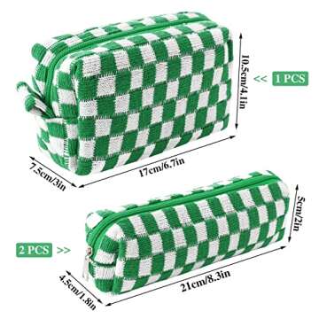 WSICSE 3 Pcs Checkered Makeup Bag Travel Cosmetic Bag, Small Makeup Pouch Organizer Bag for Women Cosmetic Brushes Pen (Green)