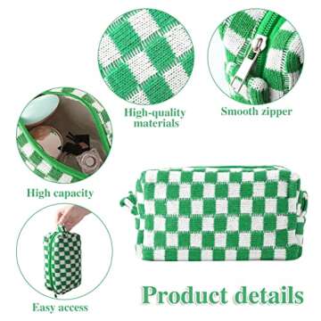 WSICSE 3 Pcs Checkered Makeup Bag Travel Cosmetic Bag, Small Makeup Pouch Organizer Bag for Women Cosmetic Brushes Pen (Green)