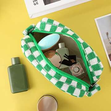 WSICSE 3 Pcs Checkered Makeup Bag Travel Cosmetic Bag, Small Makeup Pouch Organizer Bag for Women Cosmetic Brushes Pen (Green)