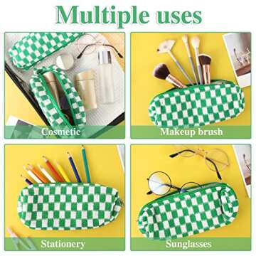 WSICSE 3 Pcs Checkered Makeup Bag Travel Cosmetic Bag, Small Makeup Pouch Organizer Bag for Women Cosmetic Brushes Pen (Green)