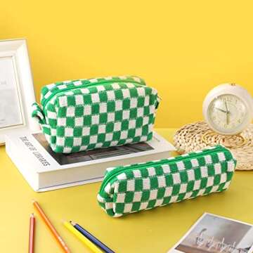 WSICSE 3 Pcs Checkered Makeup Bag Travel Cosmetic Bag, Small Makeup Pouch Organizer Bag for Women Cosmetic Brushes Pen (Green)