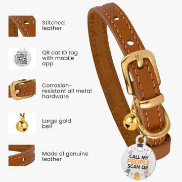 BRONZEDOG Leather Cat Collar with Removable Bells Non Breakaway Kitten QR Tag for Girl Boy (7" - 9" ...