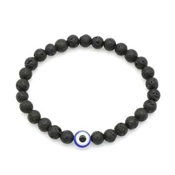 2Pcs Lucky Turkish Blue Evil Eye Hamsa Hand of Fatima Beaded Stretch Bracelet Elastic 7 Chakras Gemstone Lava Stone Bracelet for Women Men Good Luck Protection Amulet Jewelry-G blalck