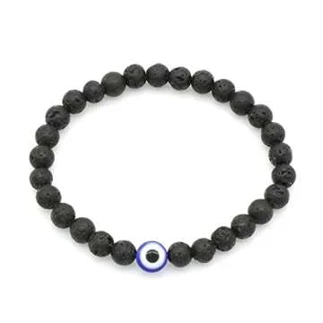2Pcs Lucky Turkish Blue Evil Eye Hamsa Hand of Fatima Beaded Stretch Bracelet Elastic 7 Chakras Gemstone Lava Stone Bracelet for Women Men Good Luck Protection Amulet Jewelry-G blalck