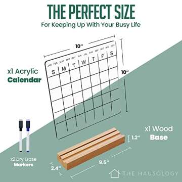 The Hausology Clear Acrylic Desk Calendar w/ Wood Light Stand, 2 Black Dry Erase Pen Holder - 10'' + Transparent, White Frosted Board – Versatile Use Office Monthly