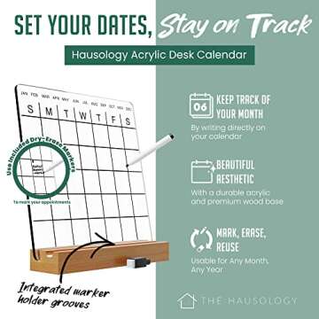 The Hausology Clear Acrylic Desk Calendar w/ Wood Light Stand, 2 Black Dry Erase Pen Holder - 10'' + Transparent, White Frosted Board – Versatile Use Office Monthly