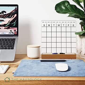 The Hausology Clear Acrylic Desk Calendar w/ Wood Light Stand, 2 Black Dry Erase Pen Holder - 10'' + Transparent, White Frosted Board – Versatile Use Office Monthly