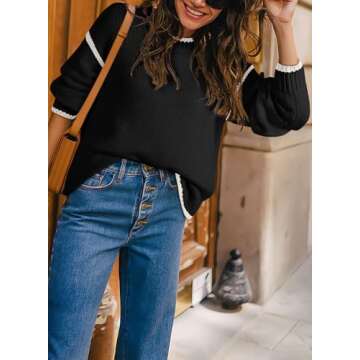 SHEWIN Womens Sweaters Long Sleeve Pullover Crochet Tops Casual Contrast Crew Neck Lightweight Ribbed Knit Fall Sweater for Women 2024,US 4-6(S),Black