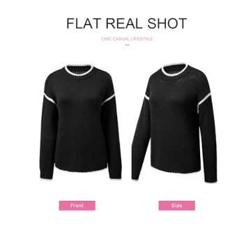 SHEWIN Womens Sweaters Long Sleeve Pullover Crochet Tops Casual Contrast Crew Neck Lightweight Ribbed Knit Fall Sweater for Women 2024,US 4-6(S),Black