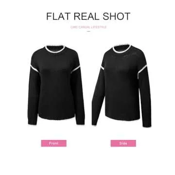 SHEWIN Womens Sweaters Long Sleeve Pullover Crochet Tops Casual Contrast Crew Neck Lightweight Ribbed Knit Fall Sweater for Women 2024,US 4-6(S),Black