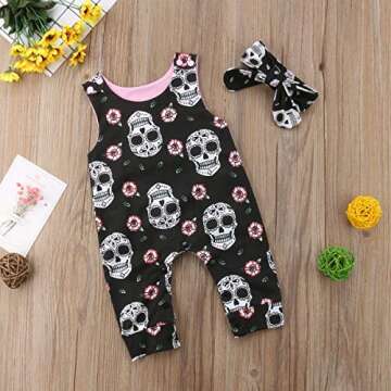 Muasaaluxi Newborn Infant Baby Girl/Boy Halloween Clothes Skull Floral Romper Jumpsuit Sleeveless Bodysuit Headband Outfit (9-12M, Black)