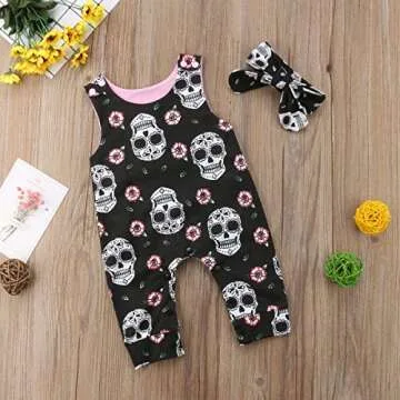 Muasaaluxi Newborn Infant Baby Girl/Boy Halloween Clothes Skull Floral Romper Jumpsuit Sleeveless Bodysuit Headband Outfit (9-12M, Black)
