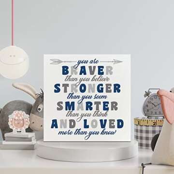 Nursery Boys Room Wooden Box Sign, You Are Braver Than You Believe, Inspirational Baby Bedroom Desk Decor, Motivational Kids Room Playroom Decoration, Nursery Baby Shower Gifts for Newborn Baby