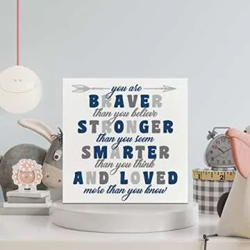 Nursery Boys Room Wooden Box Sign, You Are Braver Than You Believe, Inspirational Baby Bedroom Desk Decor, Motivational Kids Room Playroom Decoration, Nursery Baby Shower Gifts for Newborn Baby
