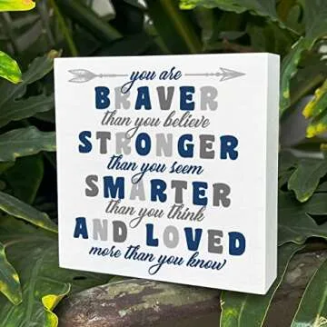 Nursery Boys Room Wooden Box Sign, You Are Braver Than You Believe, Inspirational Baby Bedroom Desk Decor, Motivational Kids Room Playroom Decoration, Nursery Baby Shower Gifts for Newborn Baby