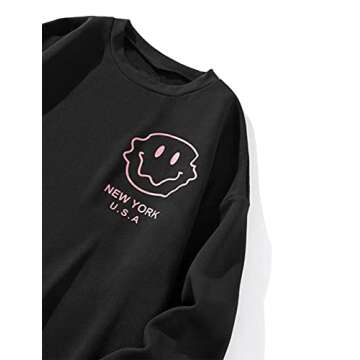 SAFRISIOR Women Oversized Fleece New York Letter Print Graphic Sweatshirt Long Sleeve Crewneck Pullover Jacket Black