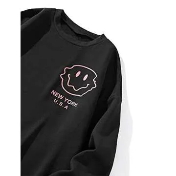 SAFRISIOR Women Oversized Fleece New York Letter Print Graphic Sweatshirt Long Sleeve Crewneck Pullover Jacket Black