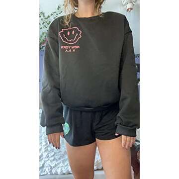 SAFRISIOR Women Oversized Fleece New York Letter Print Graphic Sweatshirt Long Sleeve Crewneck Pullover Jacket Black