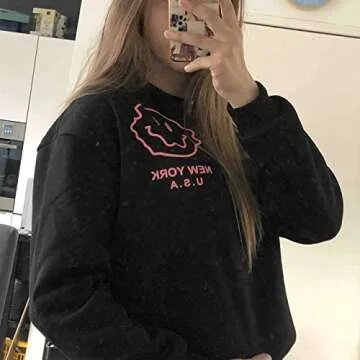 SAFRISIOR Women Oversized Fleece New York Letter Print Graphic Sweatshirt Long Sleeve Crewneck Pullover Jacket Black