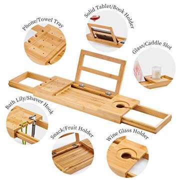 Utoplike Bamboo Bathtub Caddy Tray Bath Tray for Tub, Adjustable Bathroom Bathtub Organizer with Book Tablet Wine Glass Cup Towel Holder