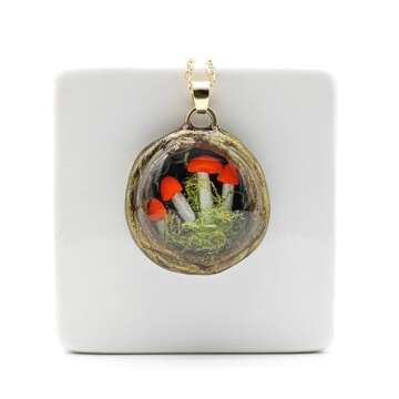 Red Mushroom Moss 3D Miniature Garden Landscape Pendant Gold Plated Necklace ﻿for Women Handmade