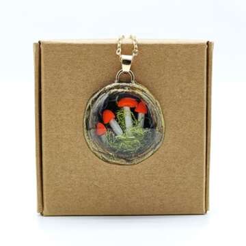Red Mushroom Moss 3D Miniature Garden Landscape Pendant Gold Plated Necklace ﻿for Women Handmade