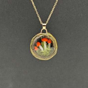 Red Mushroom Moss 3D Miniature Garden Landscape Pendant Gold Plated Necklace ﻿for Women Handmade