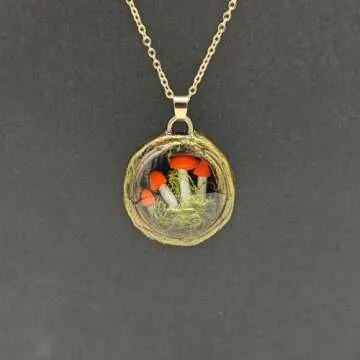 Red Mushroom Moss 3D Miniature Garden Landscape Pendant Gold Plated Necklace ﻿for Women Handmade