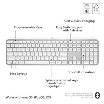 Logitech MX Keys S for Mac, Wireless Keyboard, Fluid, Precise Laptop-Like Typing, Programmable Keys, Backlit, Bluetooth USB C Rechargeable for MacBook Pro, MacBook Air, iMac, iPad - Pale Grey