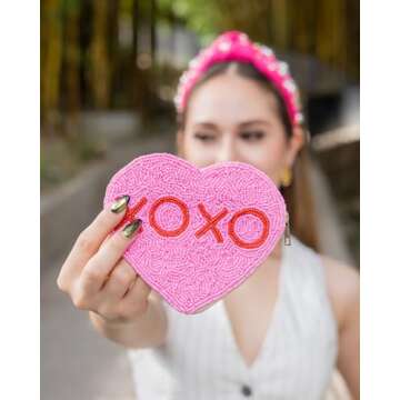 Pink Heart Pouch, Heart Coin Purse, Valentines Day Gifts, Coin Purse Pouch, Beaded Coin Purse, Beade...