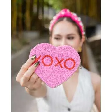 Pink Heart Pouch, Heart Coin Purse, Valentines Day Gifts, Coin Purse Pouch, Beaded Coin Purse, Beade...