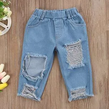 3pcs Baby Girls Kids Off Shoulder Lotus Leaf Top Holes Denim Jeans Headband Outfits Set (1-2Y, White)