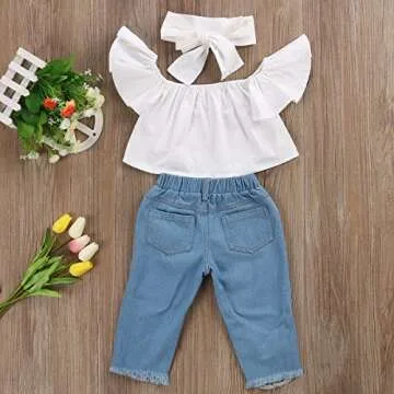 3pcs Baby Girls Kids Off Shoulder Lotus Leaf Top Holes Denim Jeans Headband Outfits Set (1-2Y, White)