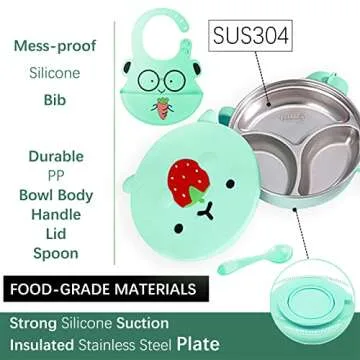 qianliyer Stainless Steel Kid Bowls Stainless Steel Suction Plates for Baby Divided Toddler Plates W...