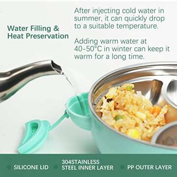 qianliyer Stainless Steel Kid Bowls Stainless Steel Suction Plates for Baby Divided Toddler Plates With Suction, Lid and Baby Bibs(Green)