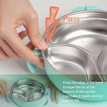 qianliyer Stainless Steel Kid Bowls Stainless Steel Suction Plates for Baby Divided Toddler Plates With Suction, Lid and Baby Bibs(Green)
