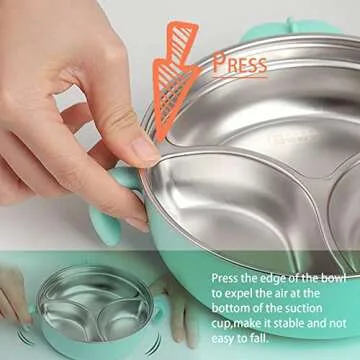 qianliyer Stainless Steel Kid Bowls Stainless Steel Suction Plates for Baby Divided Toddler Plates With Suction, Lid and Baby Bibs(Green)