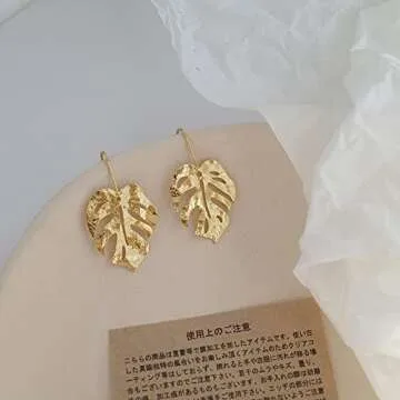 Boho Vintage Palm Leaf Long Chain Dangle Earrings Monstera Leaves Metal Drop Earrings for Women Holiday Beach Jewelry-Gold A
