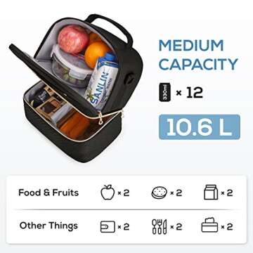 TOURIT Lunch Bag Women Double Deck Lunch Box Insulated Lunch Cooler for Women Men Work, Black